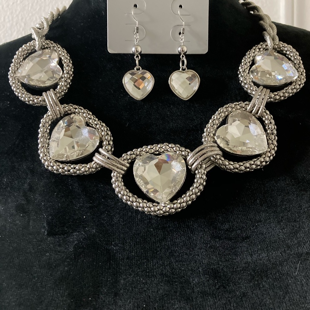 Traci Lynn Silver Heart Necklace and earrings Set